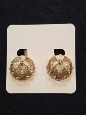 Vintage Nina Ricci Gold Tone Rhinestone Dome Clip-On Earrings - Authentic Signed
